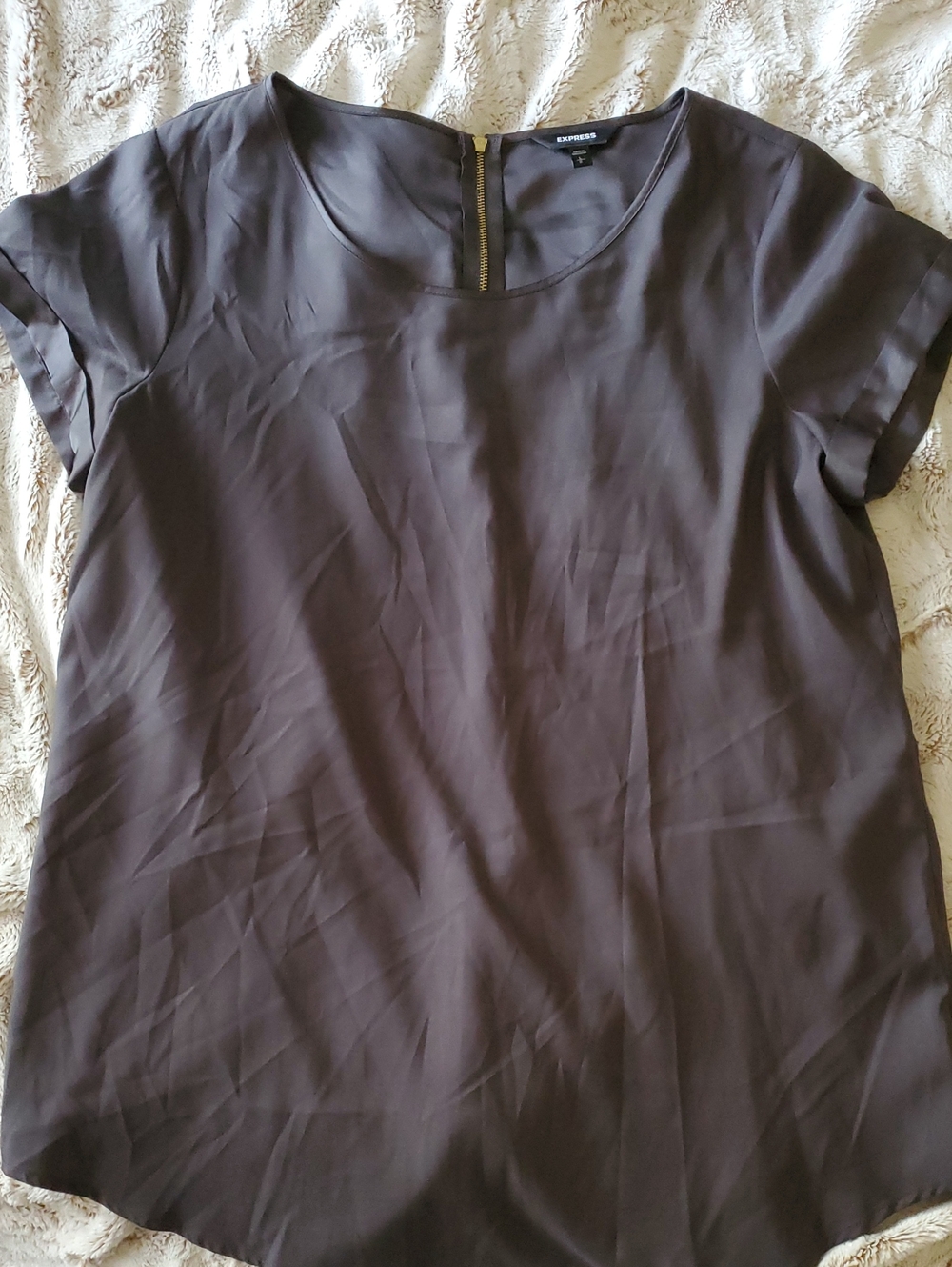 Express Short Sleeve Round Neck Top in Gray with Back Zip - Picture 1 of 2